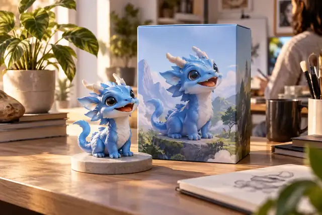 Eine verspielte blaue Haustierfigur, die in einem hellen Studio neben ihrer Verpackung präsentiert wird.