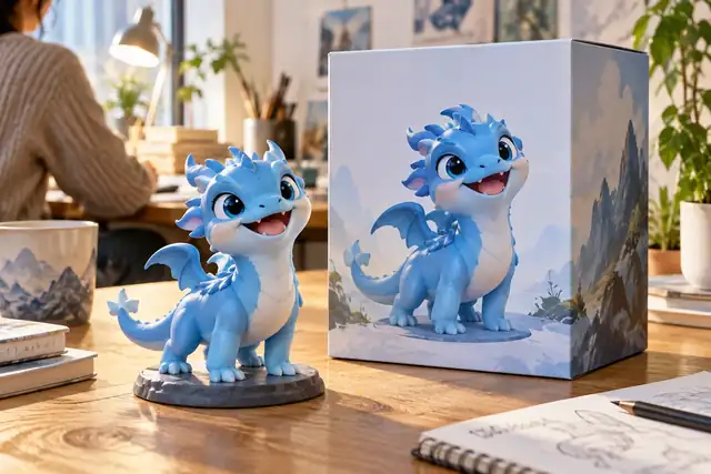 Eine verspielte blaue Haustierfigur, die in einem hellen Studio neben ihrer Verpackung präsentiert wird.