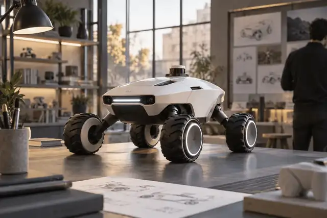 Ein elegantes weißes Rover-Produktkonzept, präsentiert in einem sanft beleuchteten Industriedesignstudio.