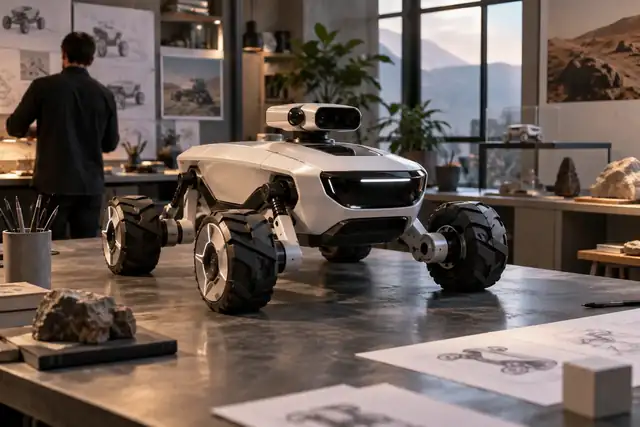 Ein elegantes weißes Rover-Produktkonzept, präsentiert in einem sanft beleuchteten Industriedesignstudio.