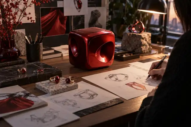 Ein rotes Produktkonzept und Schmuckstücke, arrangiert auf dem Arbeitstisch eines Designers.