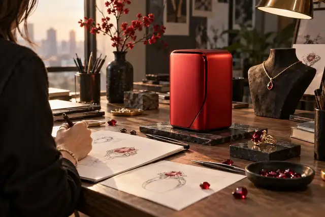 Ein rotes Produktkonzept und Schmuckstücke, arrangiert auf dem Arbeitstisch eines Designers.