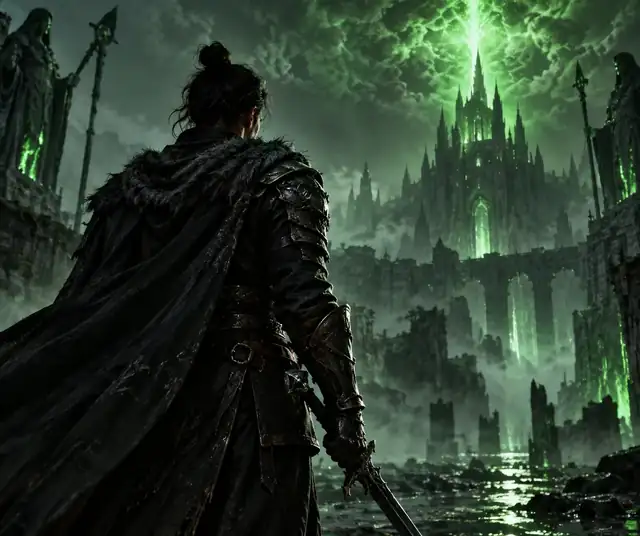 Ein dramatisches, grün beleuchtetes Fantasy-Charakter-Rendering, vorbereitet für ein Spieleprojekt.