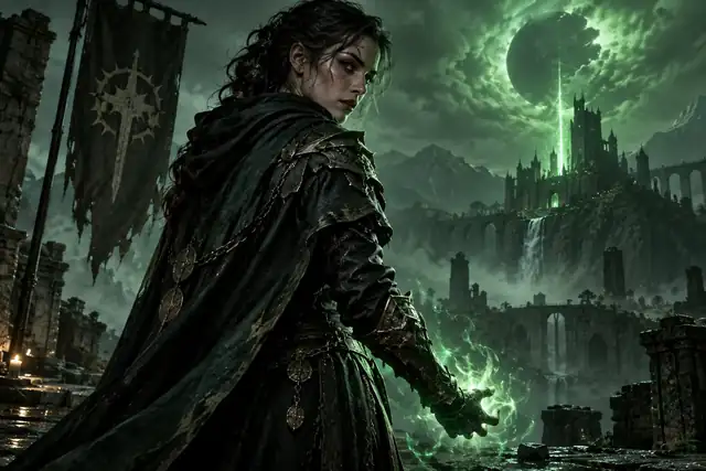 Ein dramatisches, grün beleuchtetes Fantasy-Charakter-Rendering, vorbereitet für ein Spieleprojekt.