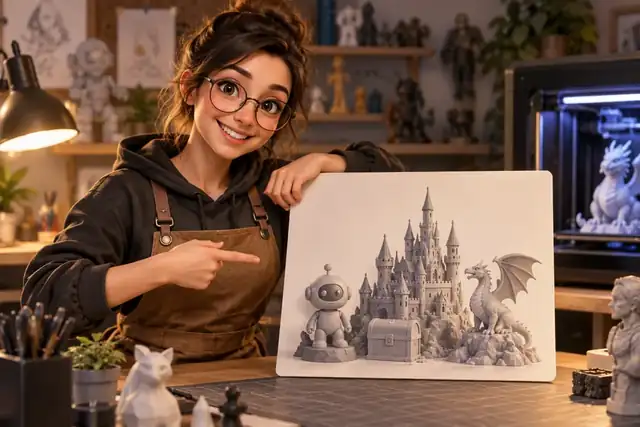 Eine fröhliche Miniatur-Maker-Figur neben der Karte des Druckservices.