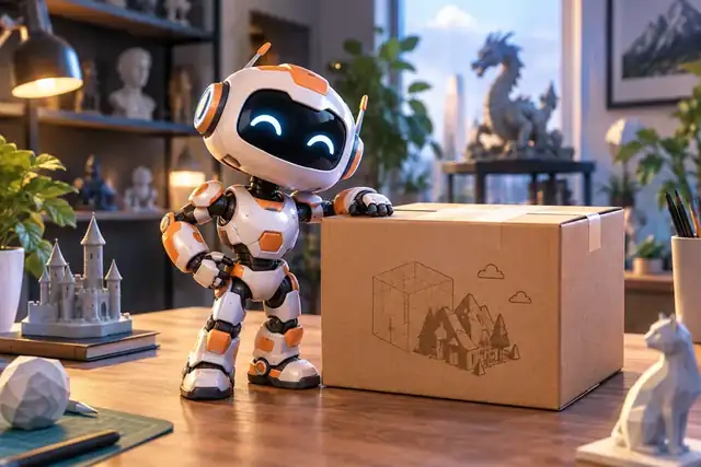 Eine farbenfrohe Miniatur-Roboterfigur neben der Lieferkarte.