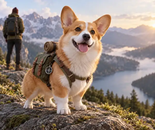 Ein freundlicher Corgi mit einem winzigen Forscherrucksack, dargestellt als Ganzkörper-3D-Modell.