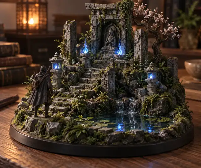 Ein moosbedeckter Steinschrein mit blauen Flammen, dargestellt als Miniatur-Diorama.