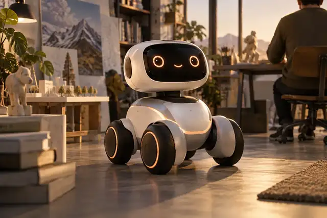 Ein kompakter, freundlicher Rover-Roboter mit abgerundeten Verkleidungen, dargestellt als Produktkonzept.