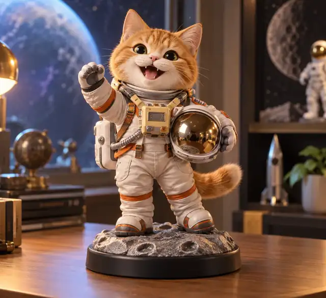 Eine fröhliche orangefarbene Astronautenkatze, die als Sammlerfigur steht.