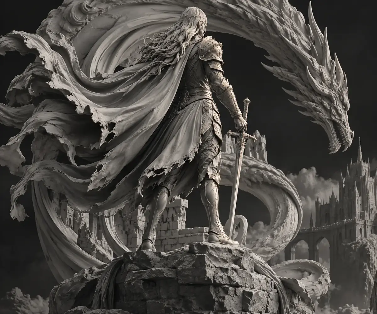 Monochrome, hochdetailgetreue 3D-Skulptur einer gepanzerten Fantasy-Figur, umgeben von geschwungenen, skulpturalen Formen.
