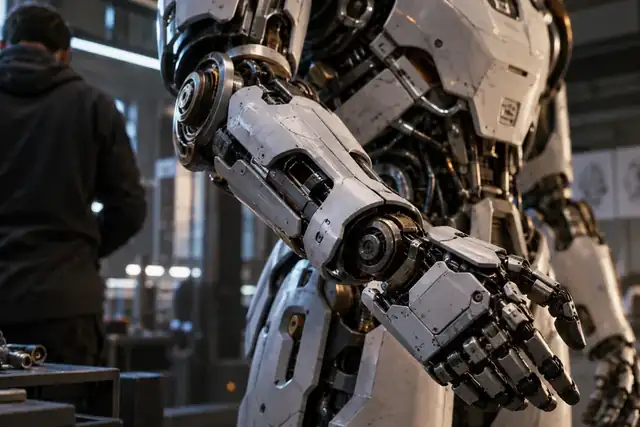 Eine Nahaufnahme des geschichteten mechanischen Arms des Roboters und seiner Oberflächendetails.