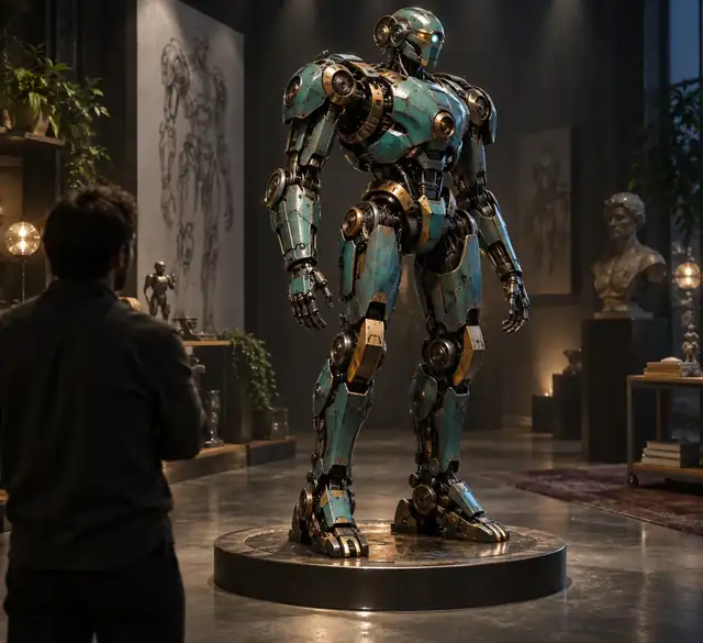 Ein detaillierter türkis- und bronzefarbener mechanischer Roboter auf einem runden Sockel in einem stimmungsvollen Studio.