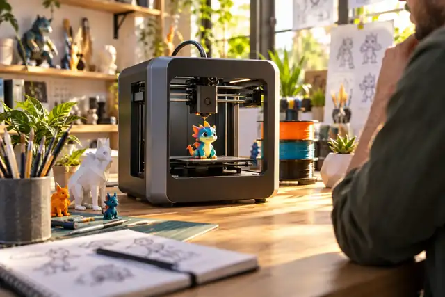 Ein kompakter 3D-Drucker, der in einer hellen Werkstatt eine farbenfrohe kleine Figur herstellt.