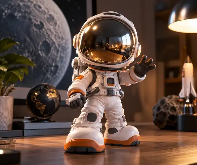 Eine kleine Astronautenfigur mit reflektierendem Visier und übergroßen Stiefeln.