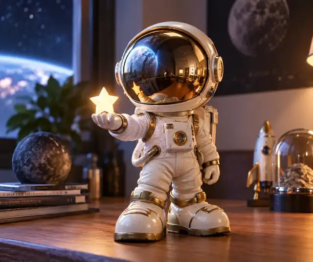 Eine kleine Astronautenfigur mit reflektierendem Visier und übergroßen Stiefeln.
