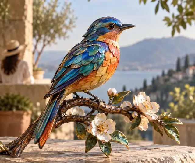 Eine farbenfrohe, stilisierte Vogelskulptur, die auf einem blühenden Ast sitzt.