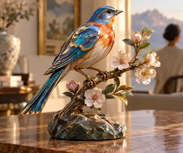 Eine farbenfrohe stilisierte Vogelskulptur, die auf einem blühenden Ast sitzt.