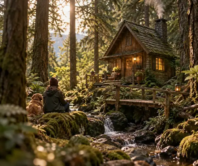 Ein winziges Diorama einer Waldhütte, umgeben von Bäumen und Moos.