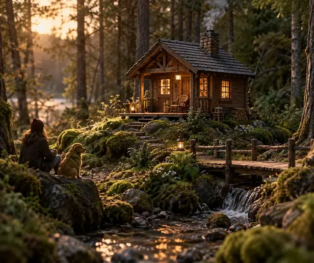 Ein winziges Diorama einer Waldhütte, umgeben von Bäumen und Moos.