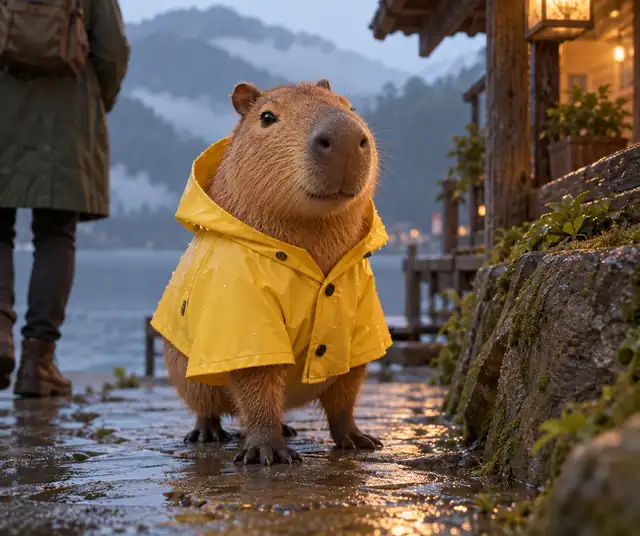 Eine freundliche Skulptur eines Capybara-Charakters mit einem kleinen gelben Regenmantel.