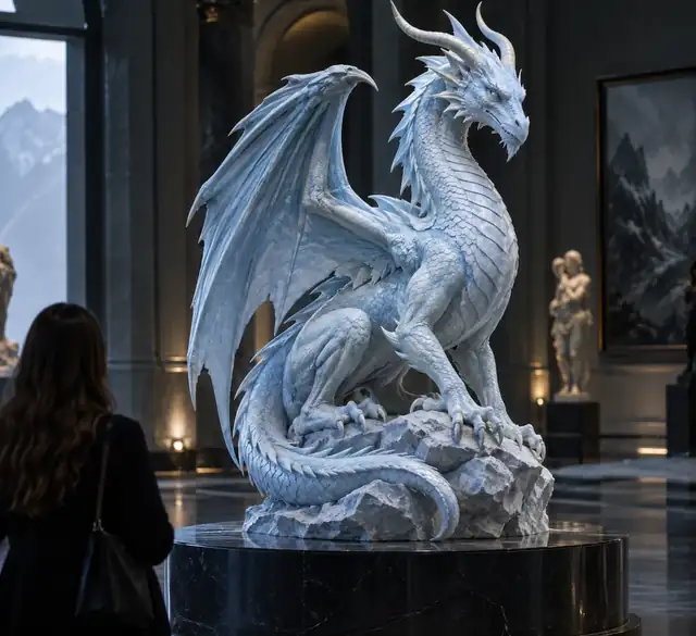 Eine hellblaue gehörnte Drachenstatue auf einem dunklen runden Sockel.