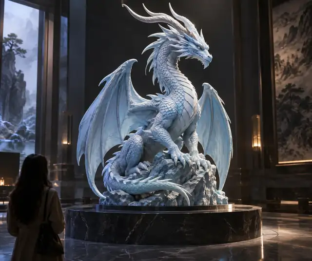Eine hellblaue gehörnte Drachenstatue auf einem dunklen runden Sockel.