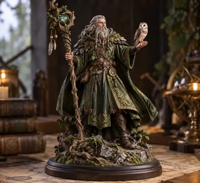Eine Fantasy-Druidenfigur in grüner Robe, die einen verzierten Stab auf einer Ausstellungsbasis hält.