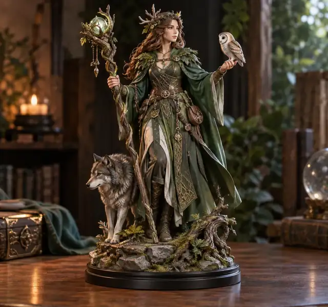 Eine Fantasy-Druidenfigur in grüner Robe, die einen verzierten Stab auf einer Ausstellungsbasis hält.