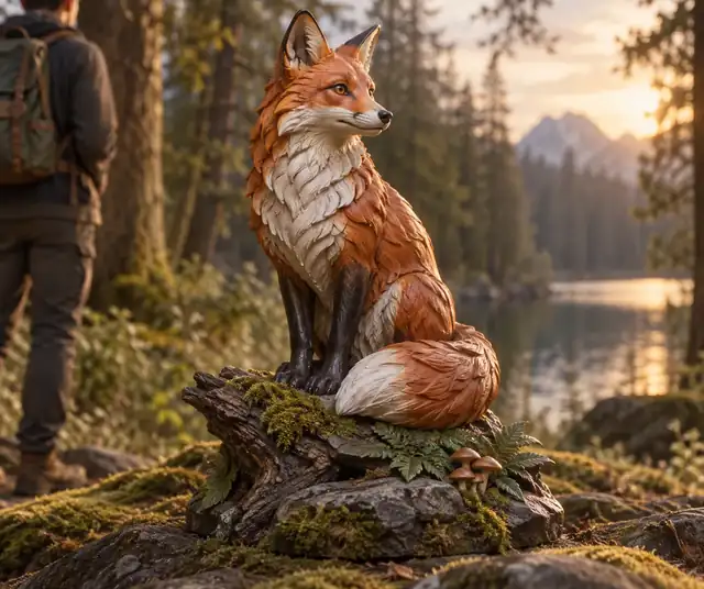 Eine stilisierte Statue eines roten Fuchses, die auf einer natürlichen Waldbasis sitzt.