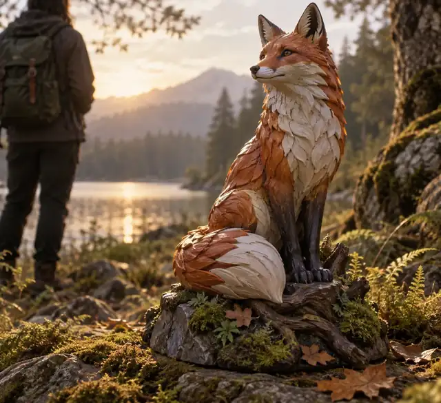 Eine stilisierte Fuchsstatue, die auf einer natürlichen Waldbasis sitzt.