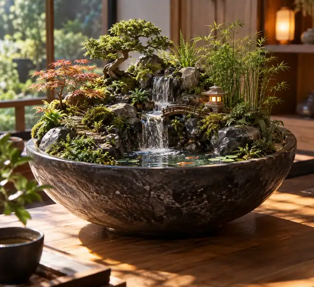 Eine Miniatur-Gartenlandschaft mit einem kleinen Wasserfall in einer Schale.