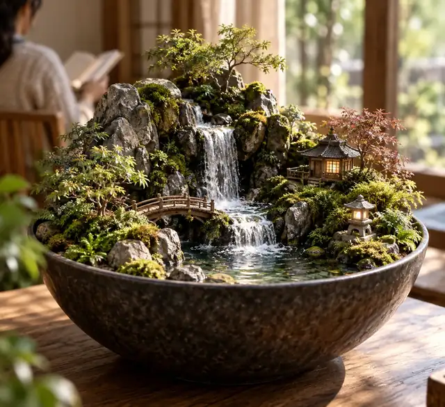 Eine Miniatur-Gartenlandschaft mit einem kleinen Wasserfall in einer Schale.