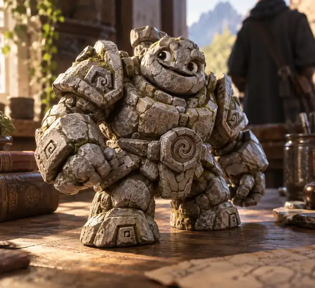 Eine massige Steingolem-Figur mit einem verspielten Gesicht und geschnitzter Rüstung.