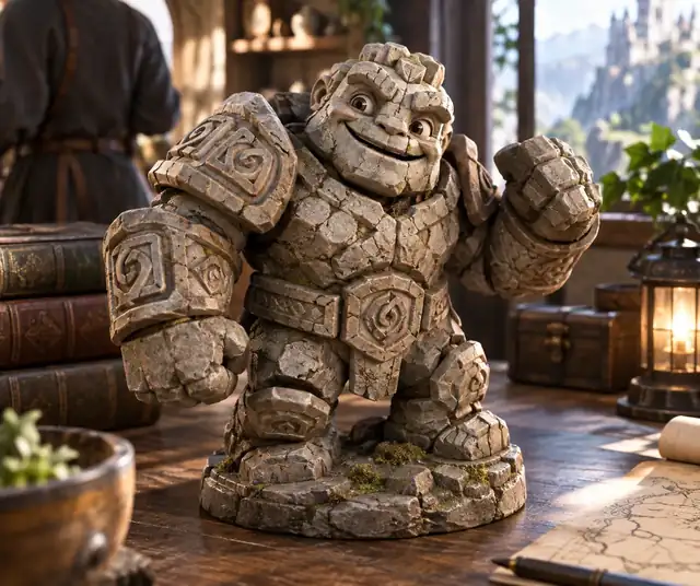 Eine massige Steingolem-Figur mit einem verspielten Gesicht und geschnitzter Rüstung.