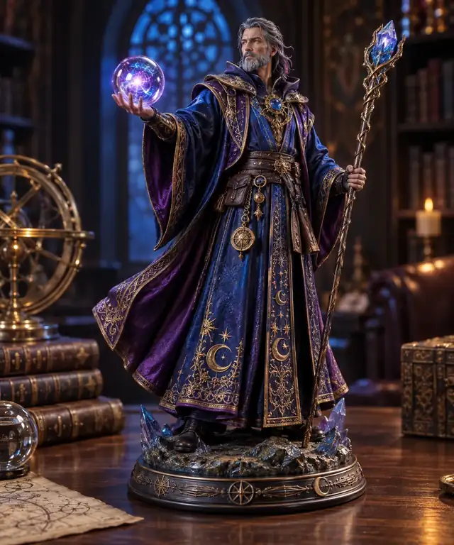 Eine Fantasy-Magierfigur in Juwelenfarben, die eine lange bestickte Robe trägt.