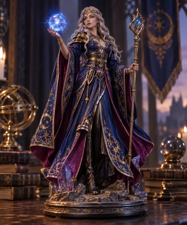Eine Fantasy-Magierfigur in Juwelenfarben, die eine lange bestickte Robe trägt.