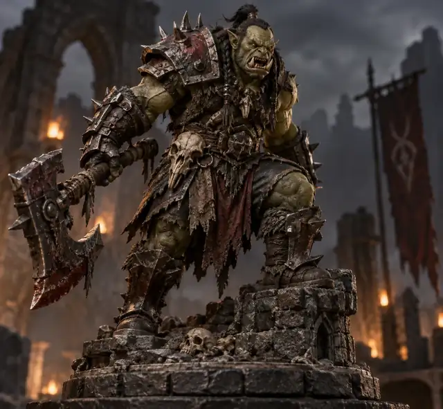 Eine Miniatur eines gepanzerten Orks aus einer düsteren Fantasy-Welt auf einem verwitterten Steinsockel.