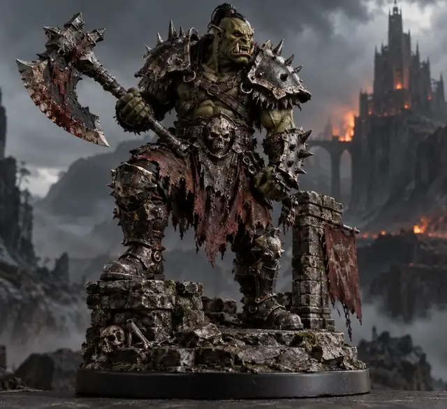 Eine düstere Fantasy-Ork-Miniatur in Rüstung auf einer verwitterten Steinbasis.