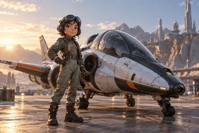 Eine Miniatur-Pilotenfigur, die neben einem kompakten futuristischen Flugzeug steht.