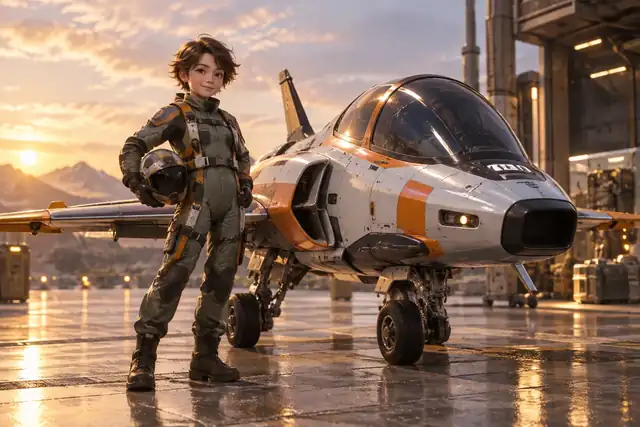 Eine Miniatur-Pilotenfigur, die neben einem kompakten futuristischen Flugzeug steht.