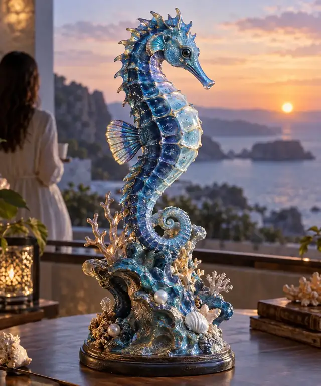 Eine fantasievolle blaue Seepferdchen-Skulptur, die aus einer mit Korallen bedeckten Fantasy-Basis emporragt.