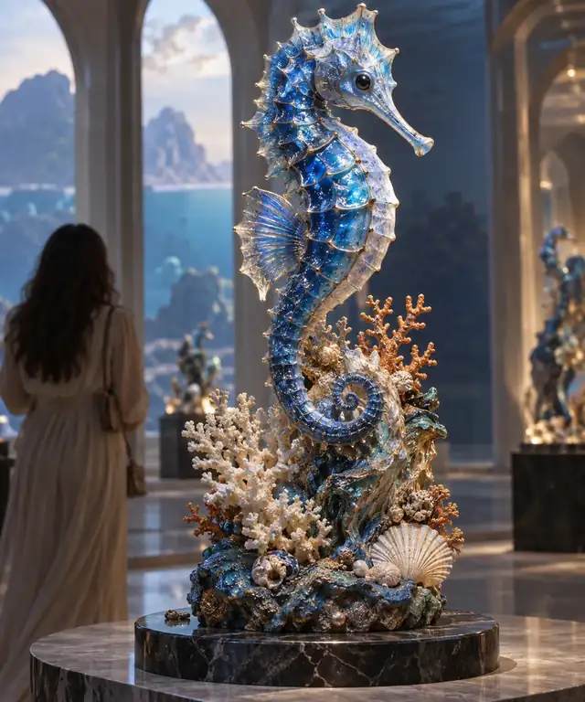 Eine fantasievolle blaue Seepferdchen-Skulptur, die aus einer mit Korallen bedeckten Fantasy-Basis emporragt.
