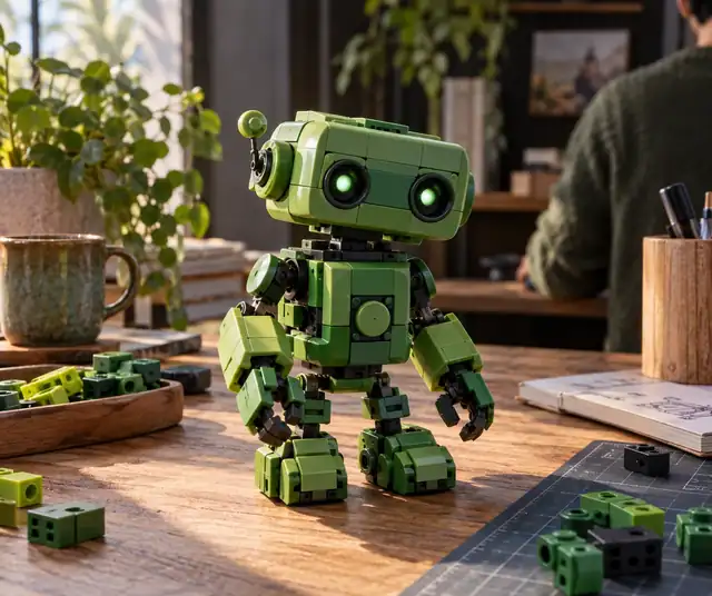 Ein kleines Roboter-Modell im Baustein-Stil aus klobigen grünen Modularteilen.