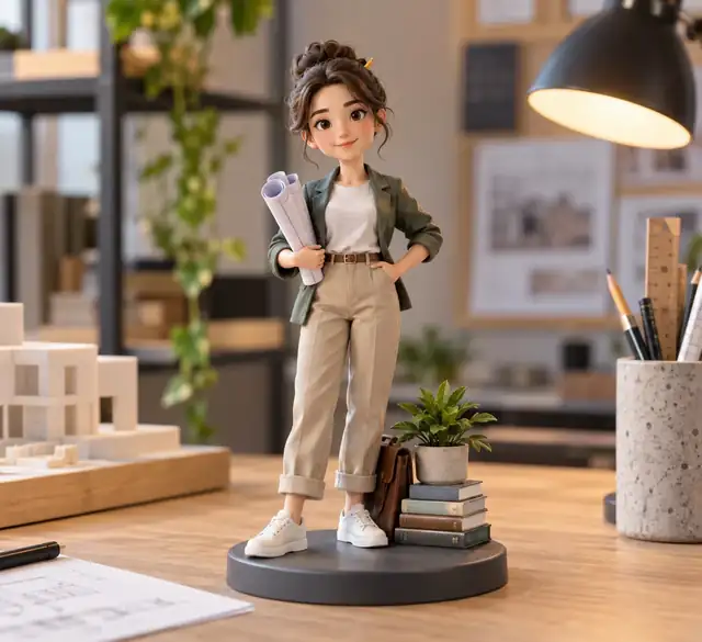 Eine Miniaturfigur eines professionellen Charakters mit schlichtem, berufstypischem Zubehör.