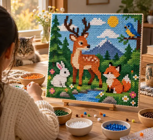 Eine farbenfrohe Tierszene im Pixel-Art-Stil, angeordnet als Vorlage für ein Perlen-Bastelprojekt.
