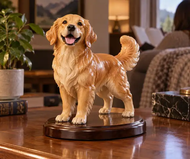 Ein fröhlicher Golden Retriever als glänzend ausgearbeitete Sammlerfigur eines Haustiers.