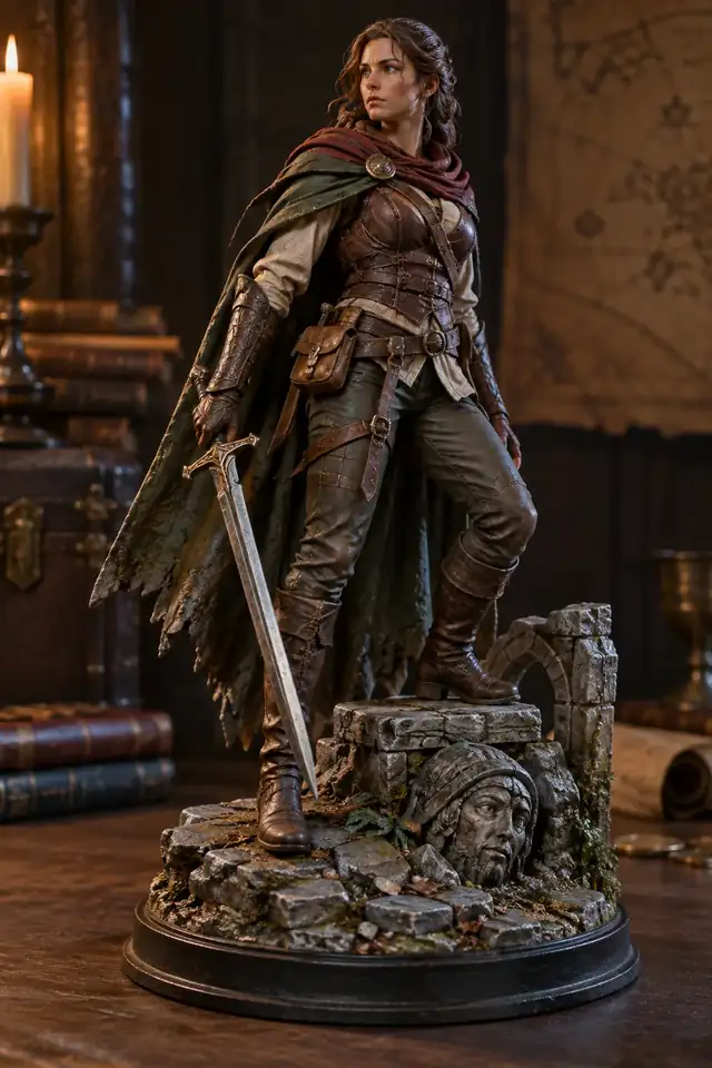 Eine realistisch gestaltete Fantasy-Abenteurerfigur auf einer detaillierten runden Basis.