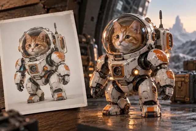 Eine orangefarbene Katze in einem kompakten Astronauten-Mech-Anzug neben einem Ausgangsbild und einem fertigen 3D-Rendering.
