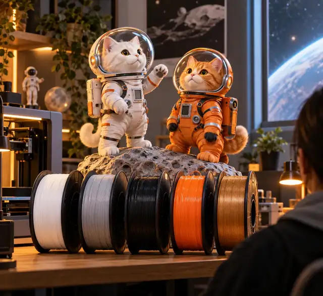 Zwei Katzen-Astronautenfiguren in Weiß und Orange über mehreren farblich abgestimmten Filamentrollen.